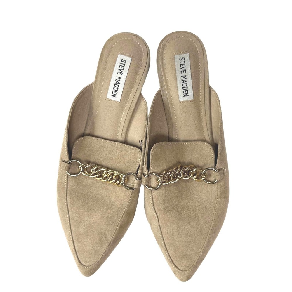 Steve Madden Beige Faux Suede Loafers‎ with Gold Chain Detail